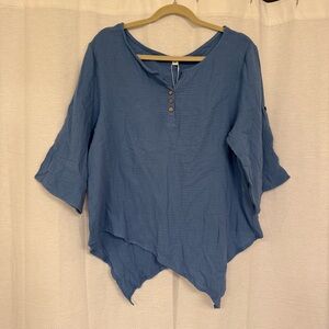 Blue half sleeve or button up sleeve asymmetric hemline top, boho, casual, comfy
